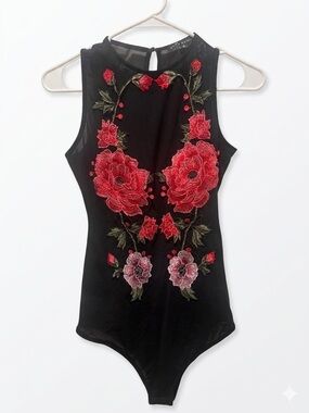 Haute Monde- Sleeveless Black Sheer Floral Embroidered Bodysuit